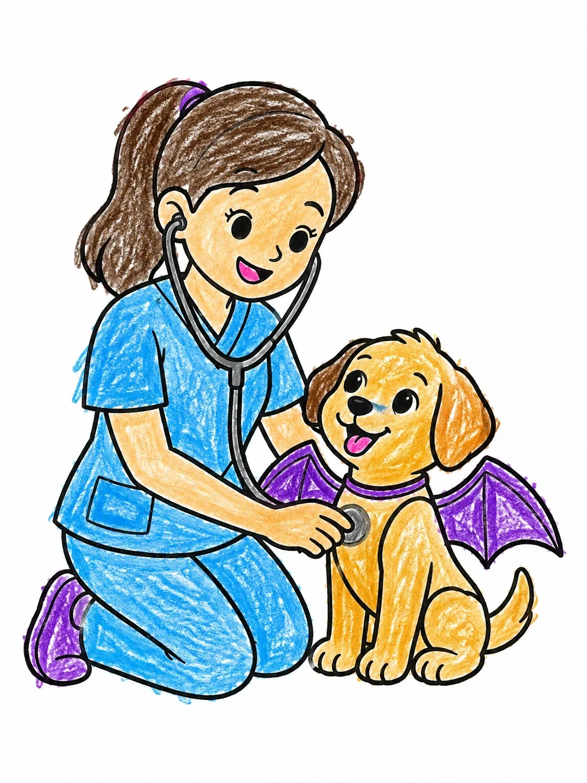 Colored example of the Veterinarian Checking A Puppy With Bat Wings coloring page