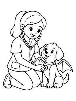 A friendly veterinarian checks a cute puppy wearing bat wings in this veterinary coloring page.