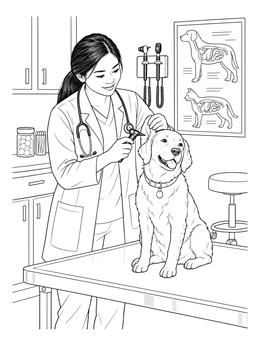 A friendly vet uses an otoscope on a golden retriever in this veterinary coloring page.