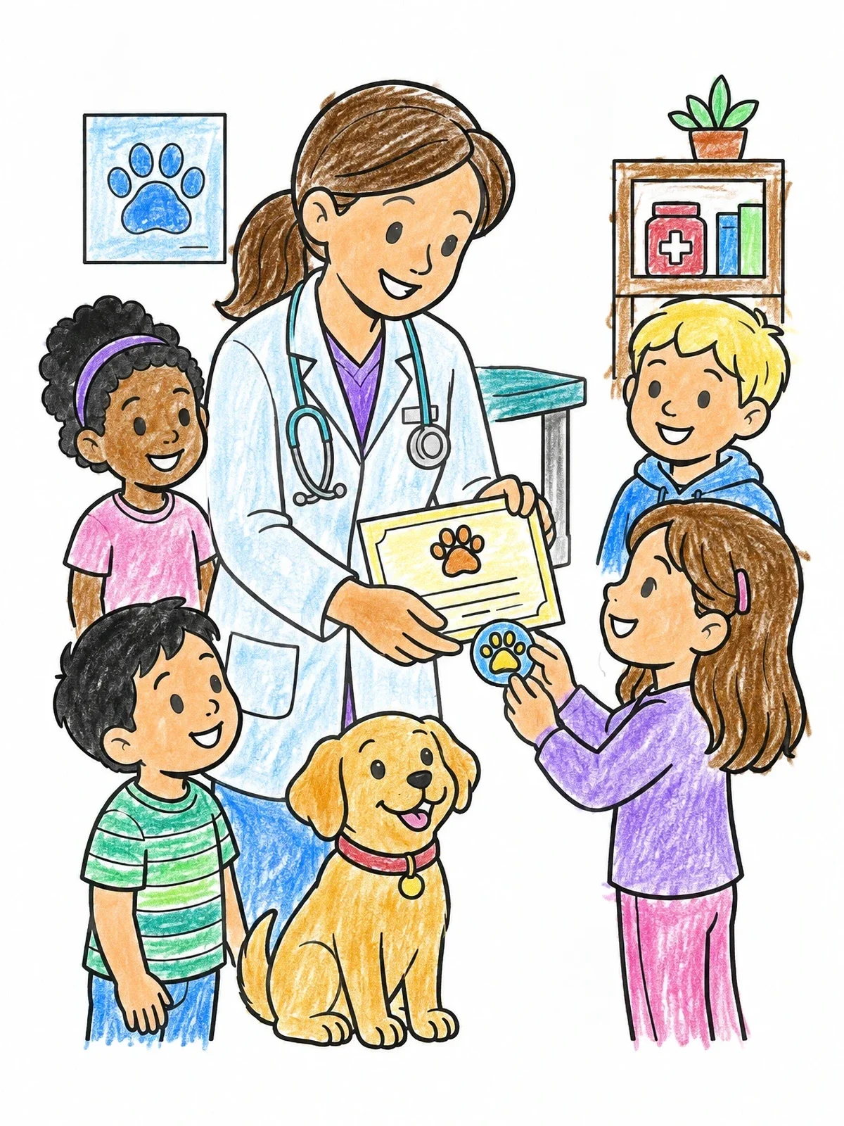 Colored example of the Veterinarian Giving Bravery Certificate To Girl coloring page