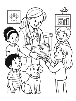 A friendly veterinary coloring page showing a vet presenting a puppy certificate to a girl and her family.