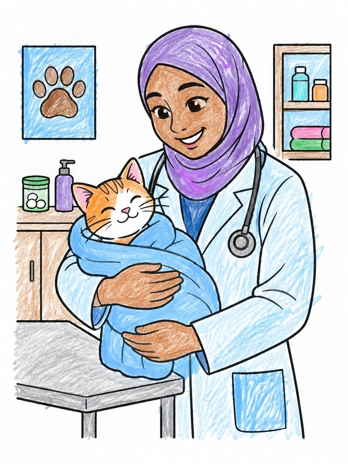 Colored example of the Veterinarian Holding A Wrapped Cat coloring page