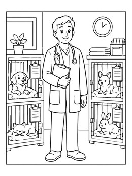 A friendly vet stands by animal cages in this veterinary coloring page.