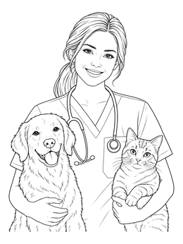 A smiling vet holds a dog and cat on this veterinary coloring page.