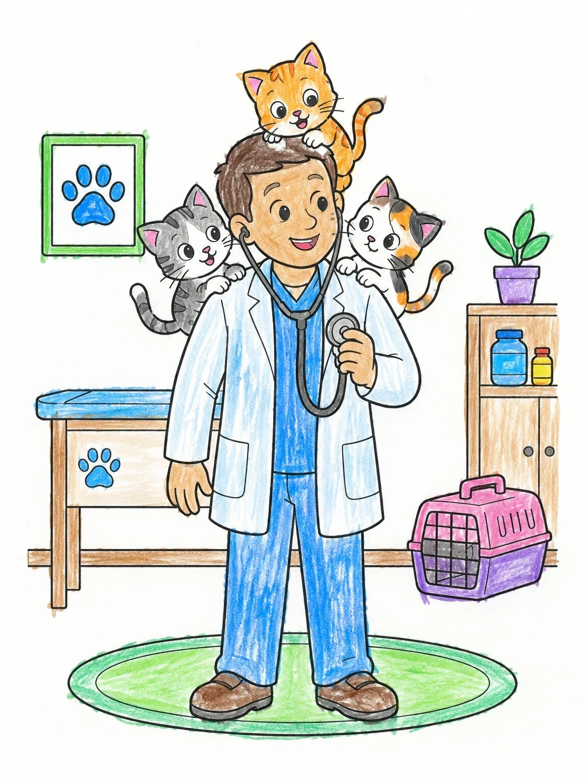 Colored example of the Veterinarian With Playful Kittens coloring page