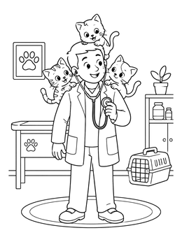 Free printable Veterinarian With Playful Kittens coloring page