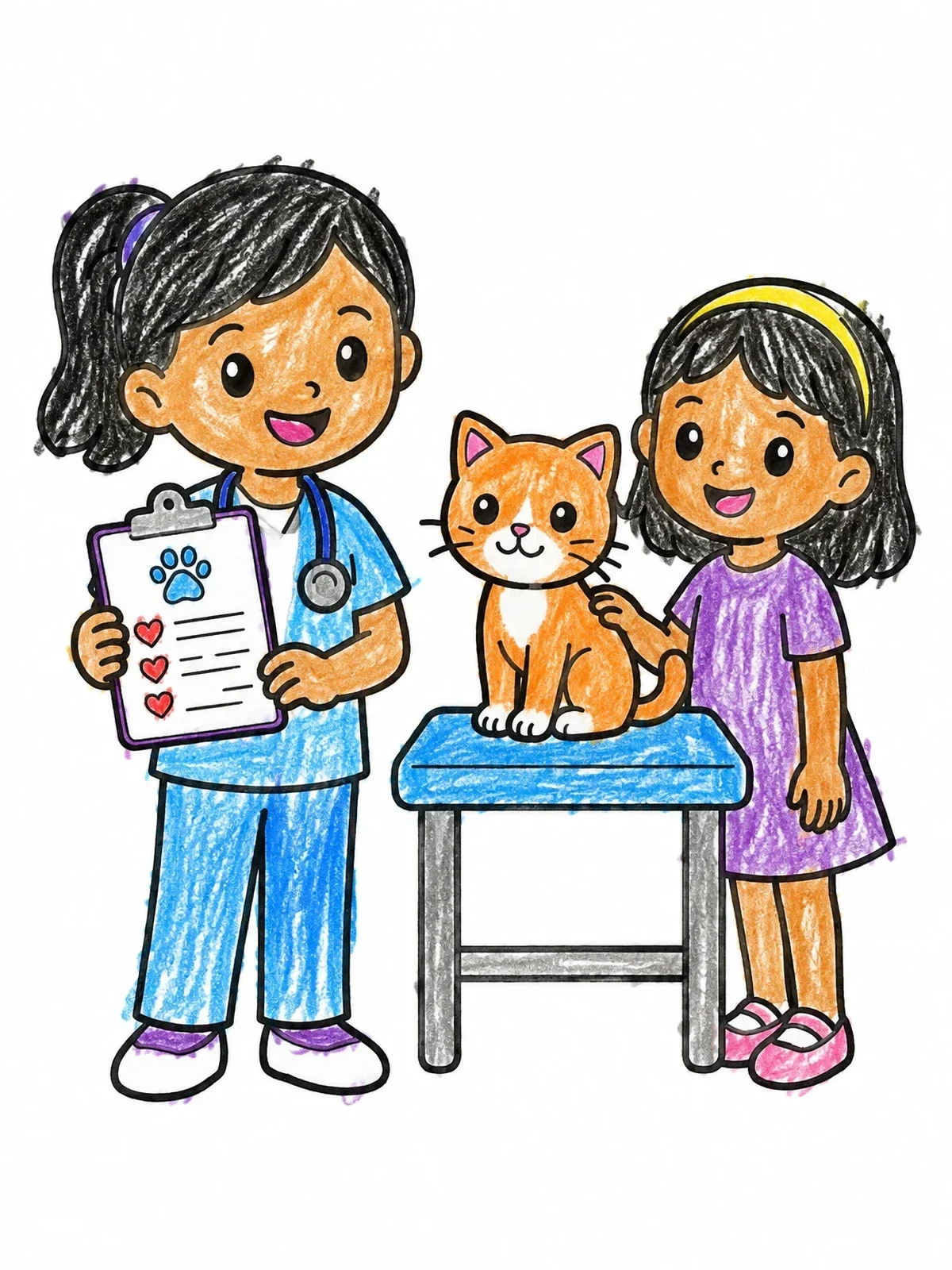 Colored example of the Young Vet And Cat Checkup coloring page