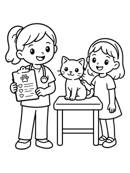A friendly veterinary coloring page with a young vet, pet owner, and happy cat on a table.