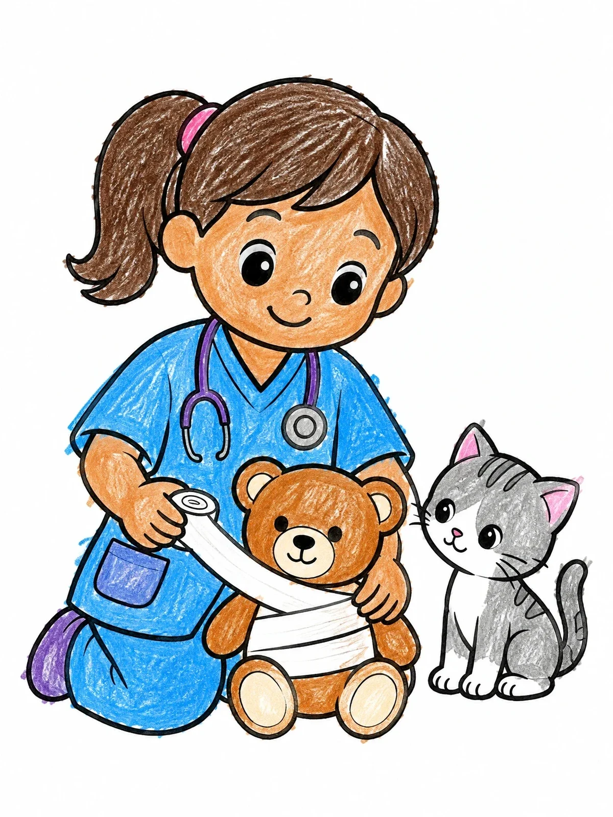 Colored example of the Young Vet Bandaging A Teddy Bear coloring page