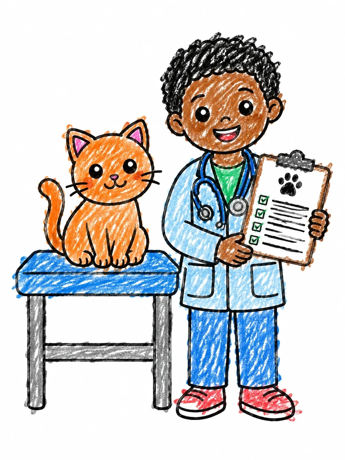 Colored example of the Young Vet With Cat On Exam Table coloring page