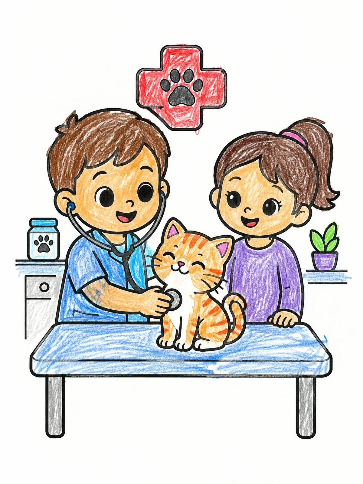 Colored example of the Young Vet Examining A Kitten coloring page