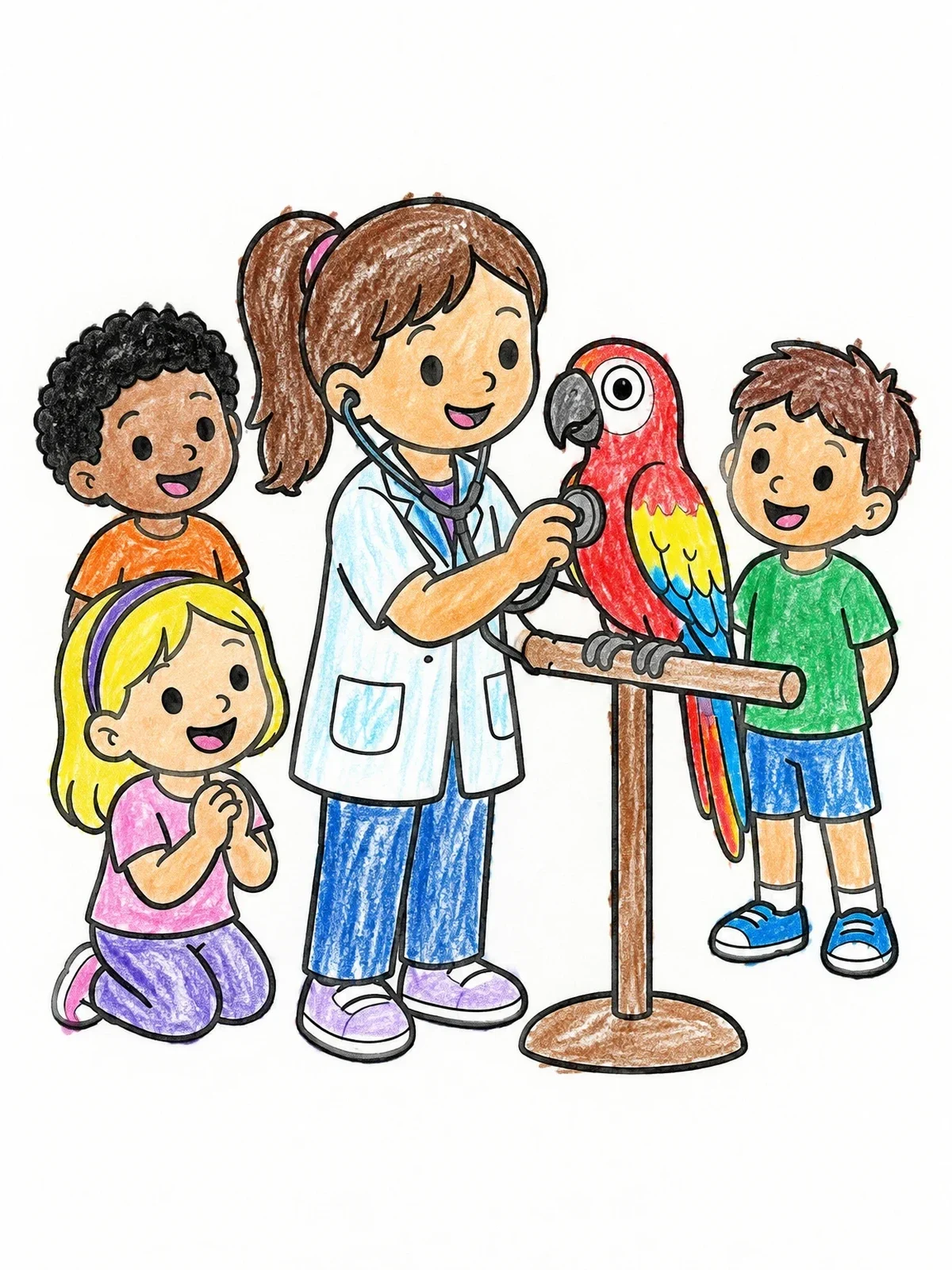 Colored example of the Young Vet Examining Perched Parrot coloring page