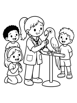 A friendly veterinary coloring page showing a young doctor examining a perched parrot with children.