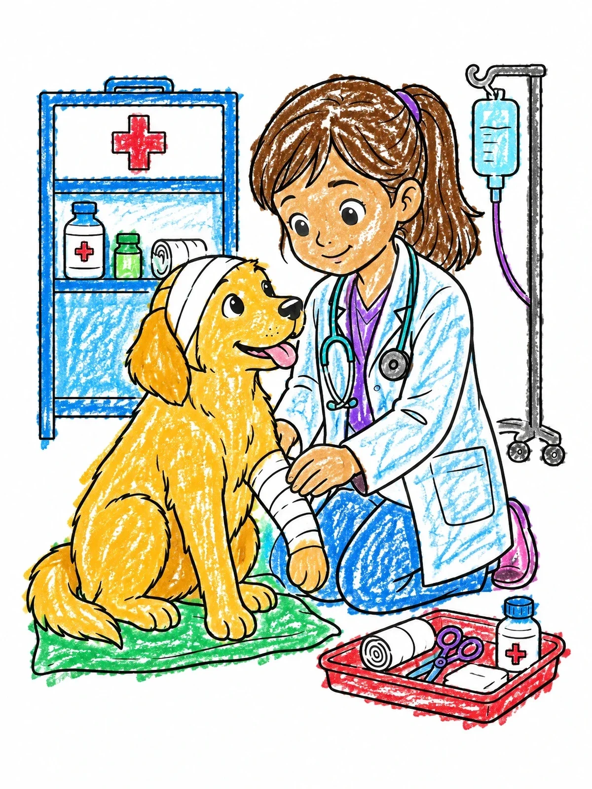 Colored example of the Young Veterinarian Caring For Dog coloring page