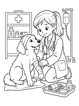 A young girl helps an injured puppy in this veterinary coloring page.