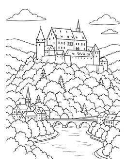 Free printable Vianden Castle Overlooking River Valley coloring page