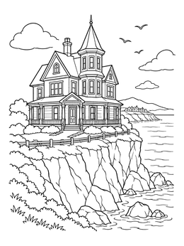 A detailed Victorian beach house coloring page situated high atop a rocky ocean cliff.