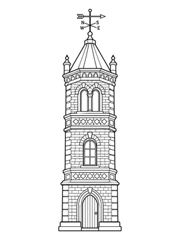 A detailed Victorian water tower coloring page with patterned brickwork and a weathervane.