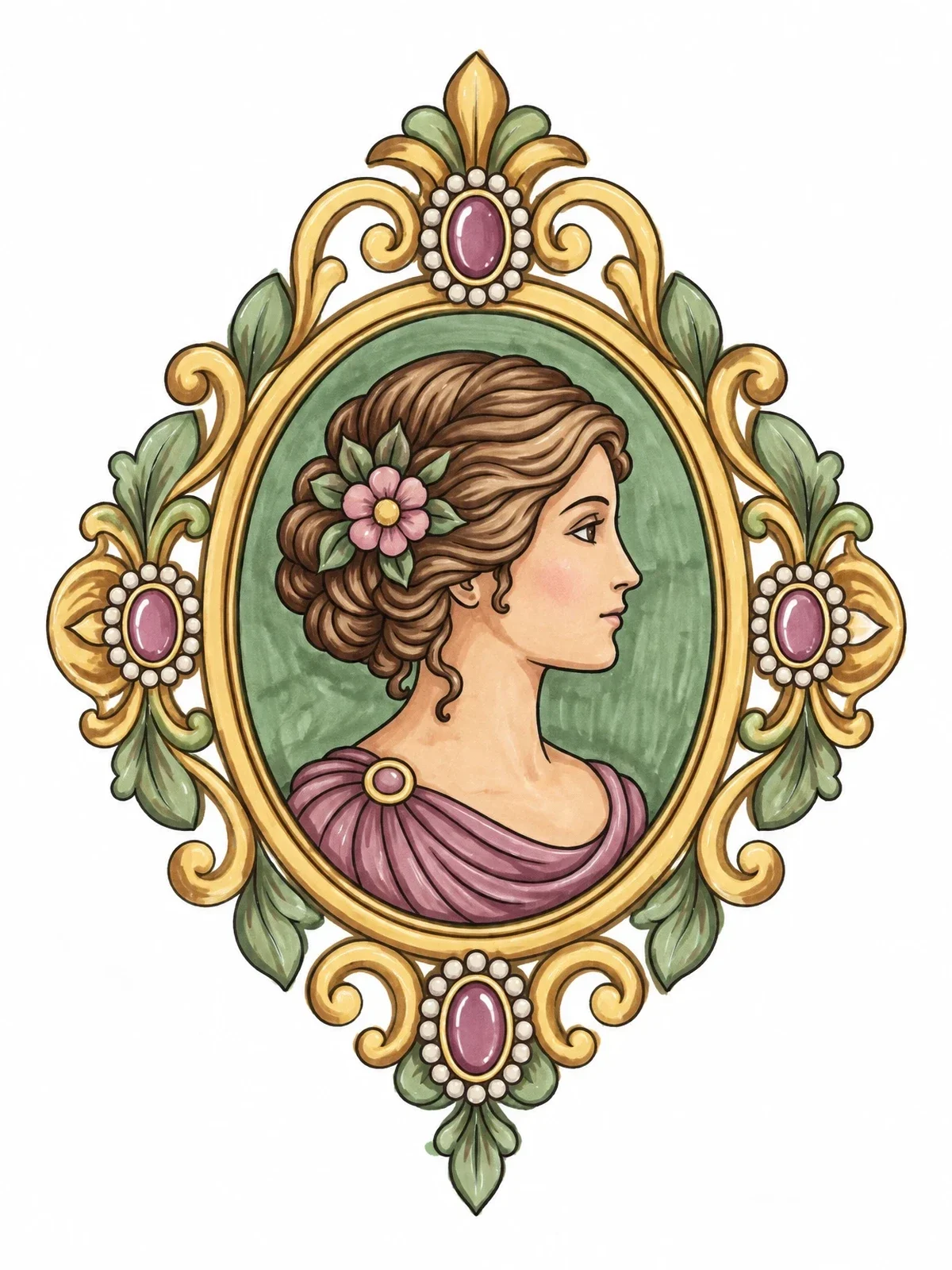 Colored example of the Victorian Cameo Brooch Portrait coloring page