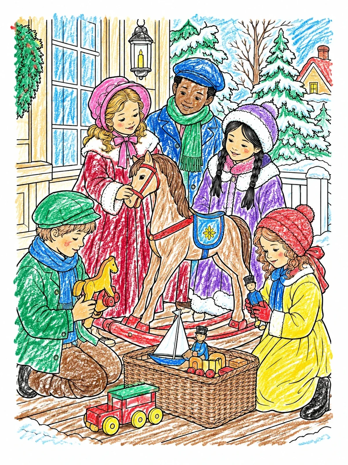 Colored example of the Victorian Children Playing With Vintage Toys coloring page