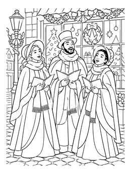 A festive christmas carolers coloring page showing three singers outside a decorated shop.