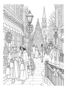 Shoppers walk down a festive street in this christmas village coloring page.