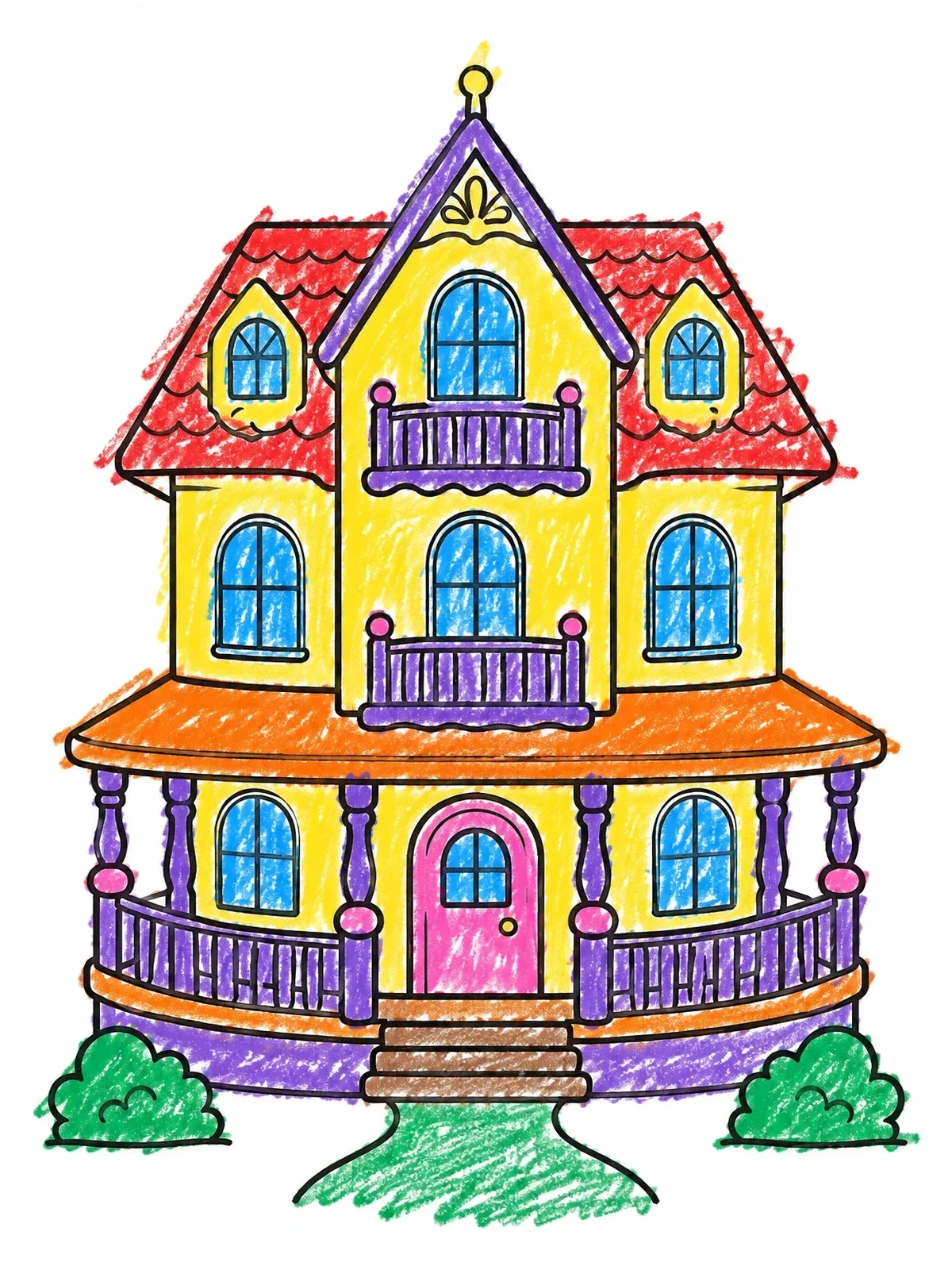 Colored example of the Victorian Dollhouse With Porch coloring page