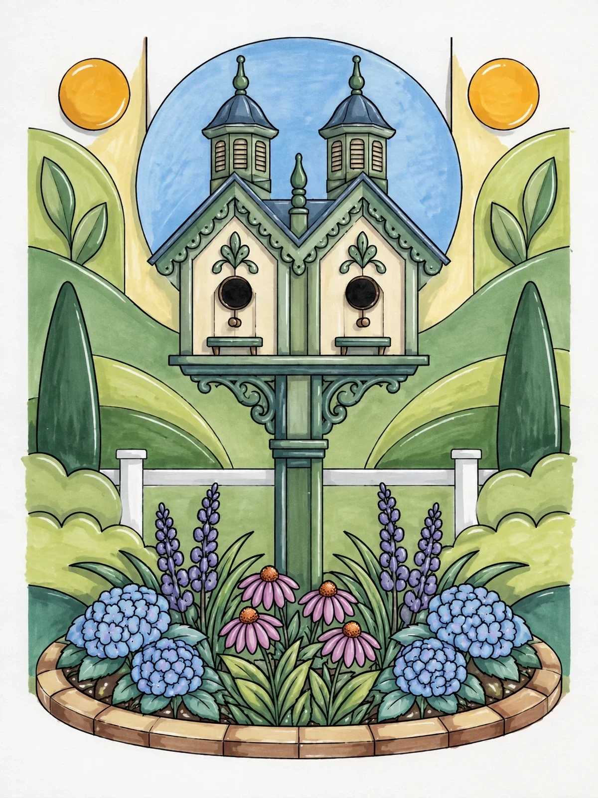 Colored example of the Victorian Double Birdhouse In Flower Bed coloring page
