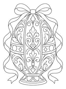 An ornate Victorian easter egg coloring page topped with a decorative bow.