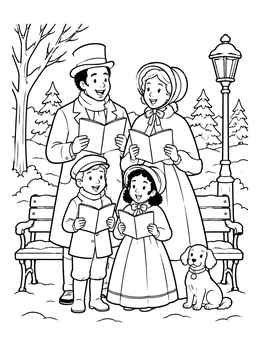 Free printable Victorian Family Christmas Carolers With Dog coloring page