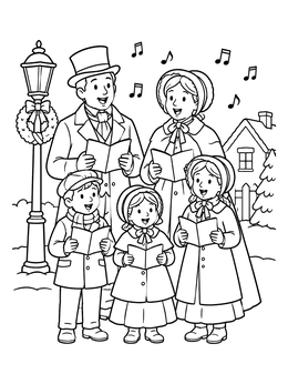 Free printable Victorian Family Singing Christmas Carols coloring page