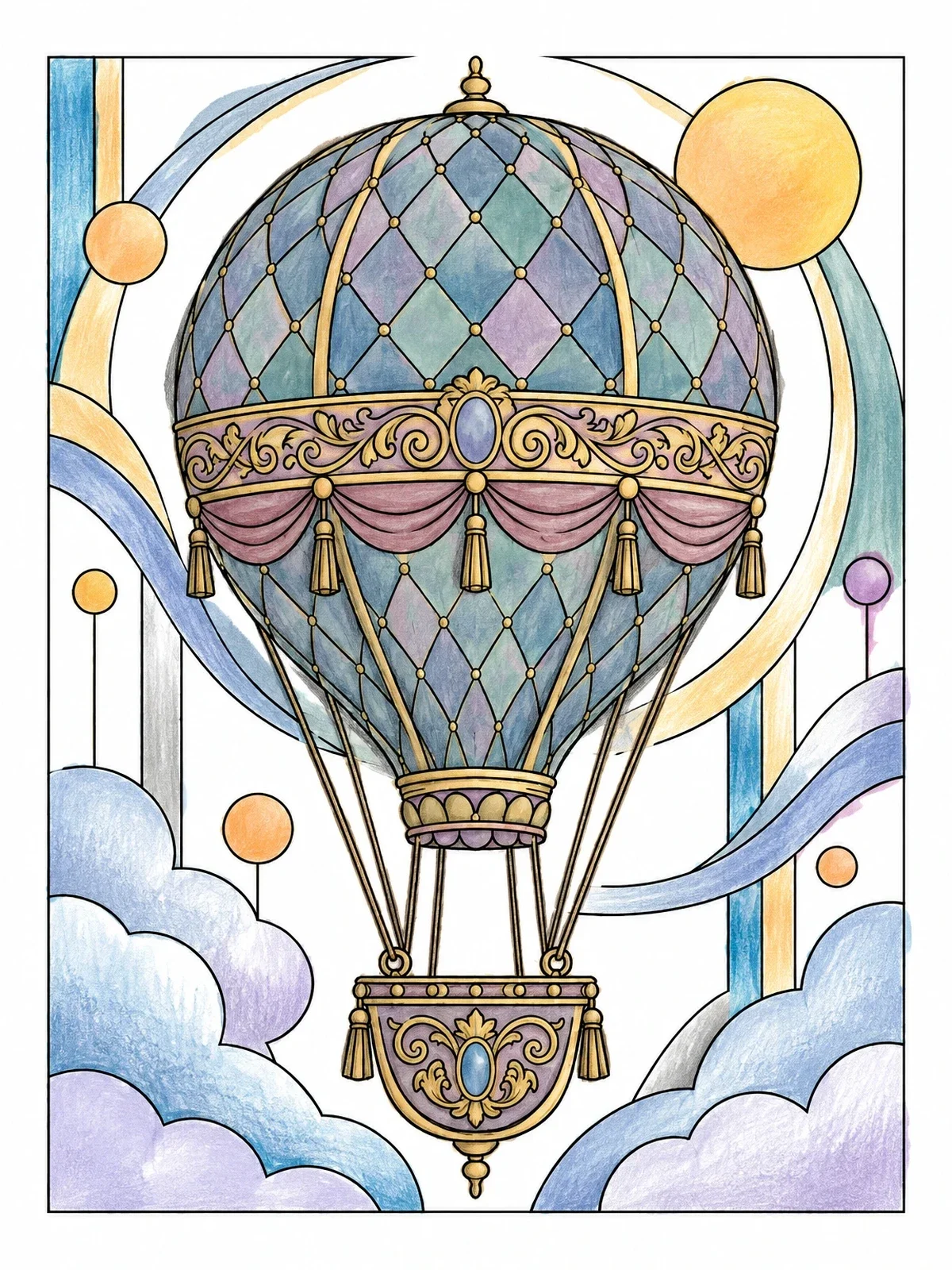 Colored example of the Victorian Filigree Hot Air Balloon coloring page