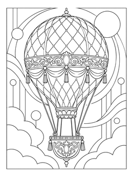 An ornate hot air balloons coloring page featuring Victorian filigree, elegant drapery, and clouds.