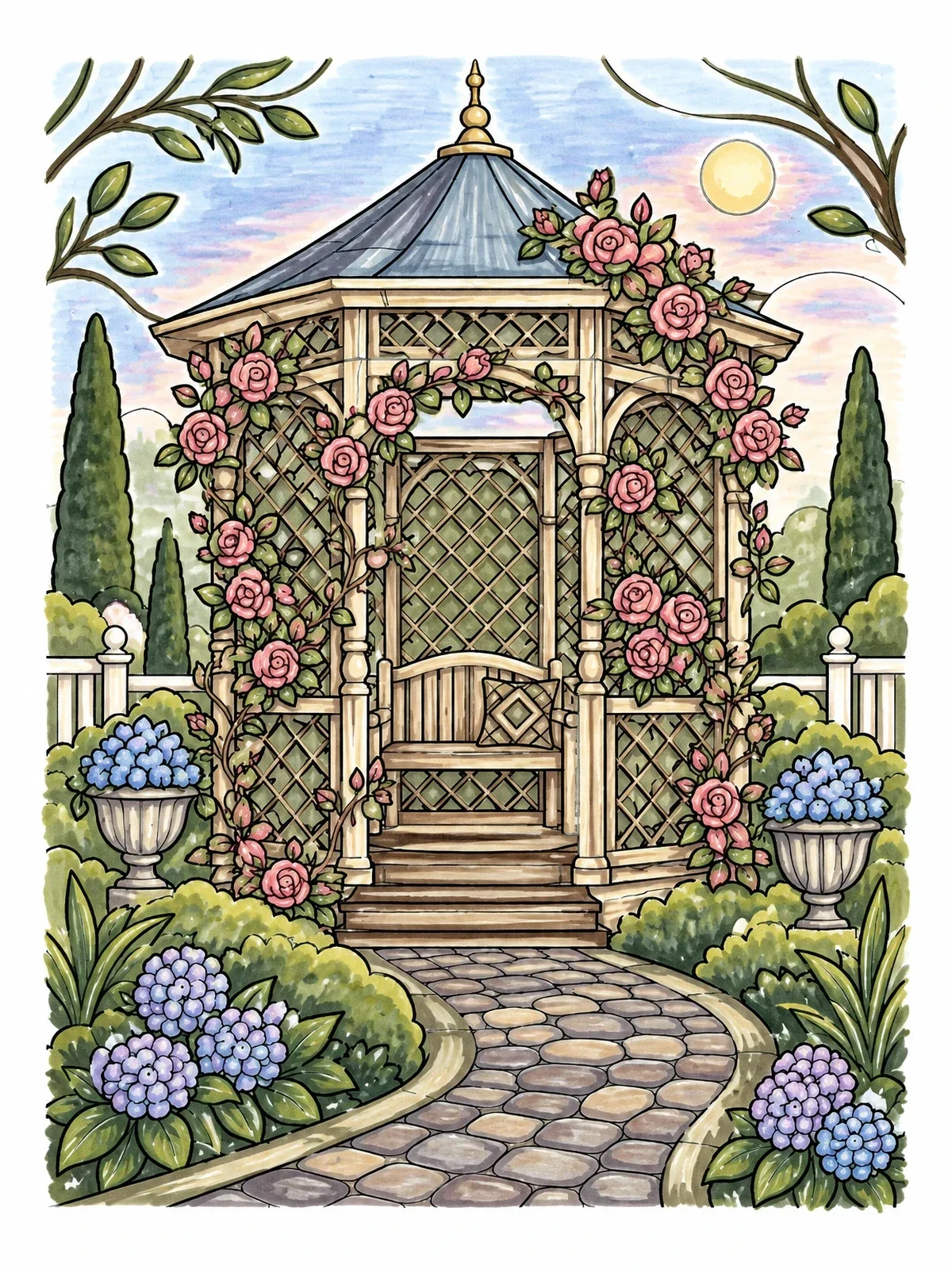 Colored example of the Victorian Garden Gazebo With Climbing Roses coloring page