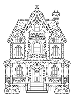 Victorian gingerbread house coloring page with ornate icing details and candy trims.