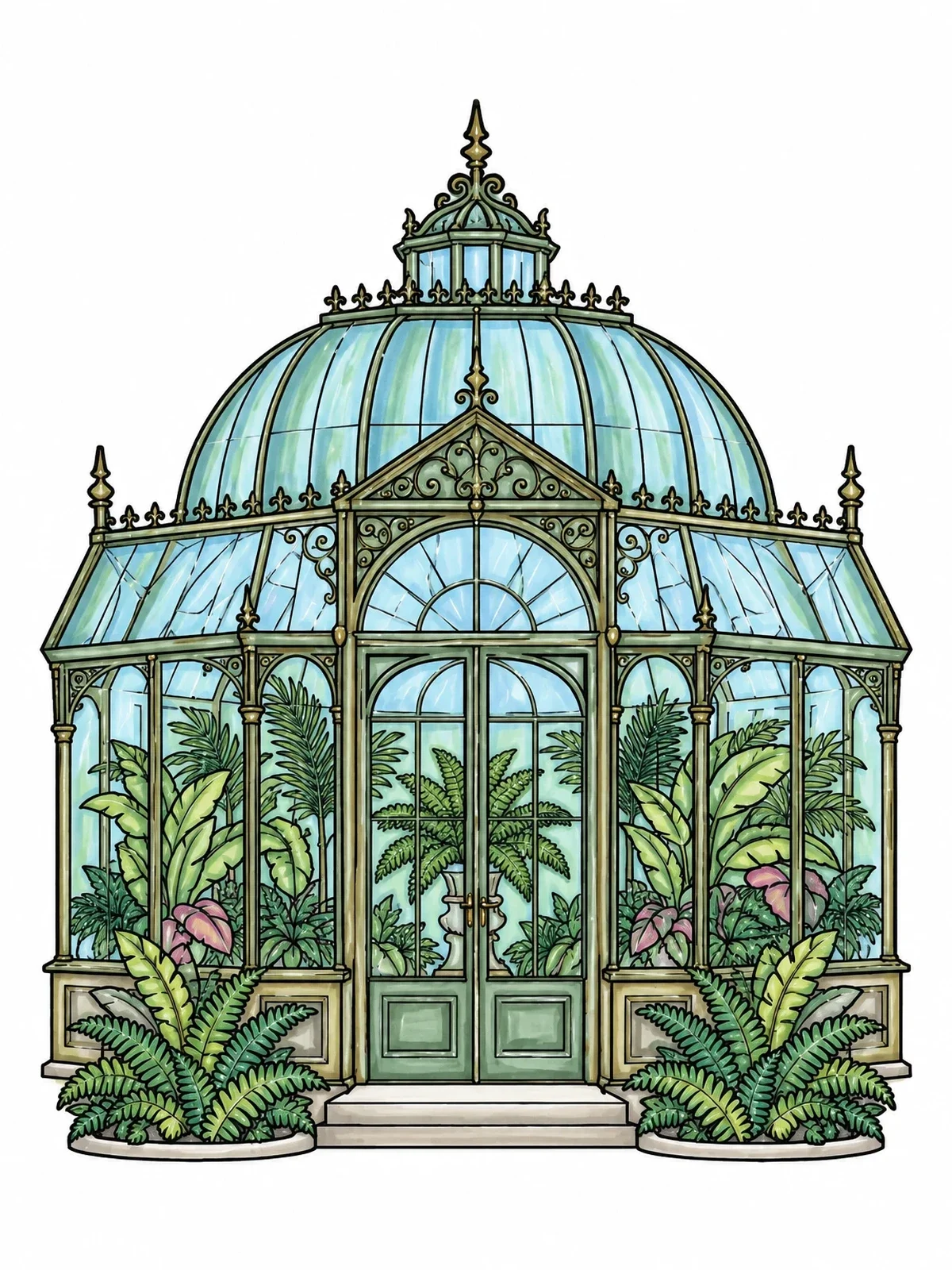 Colored example of the Victorian Glasshouse Conservatory coloring page