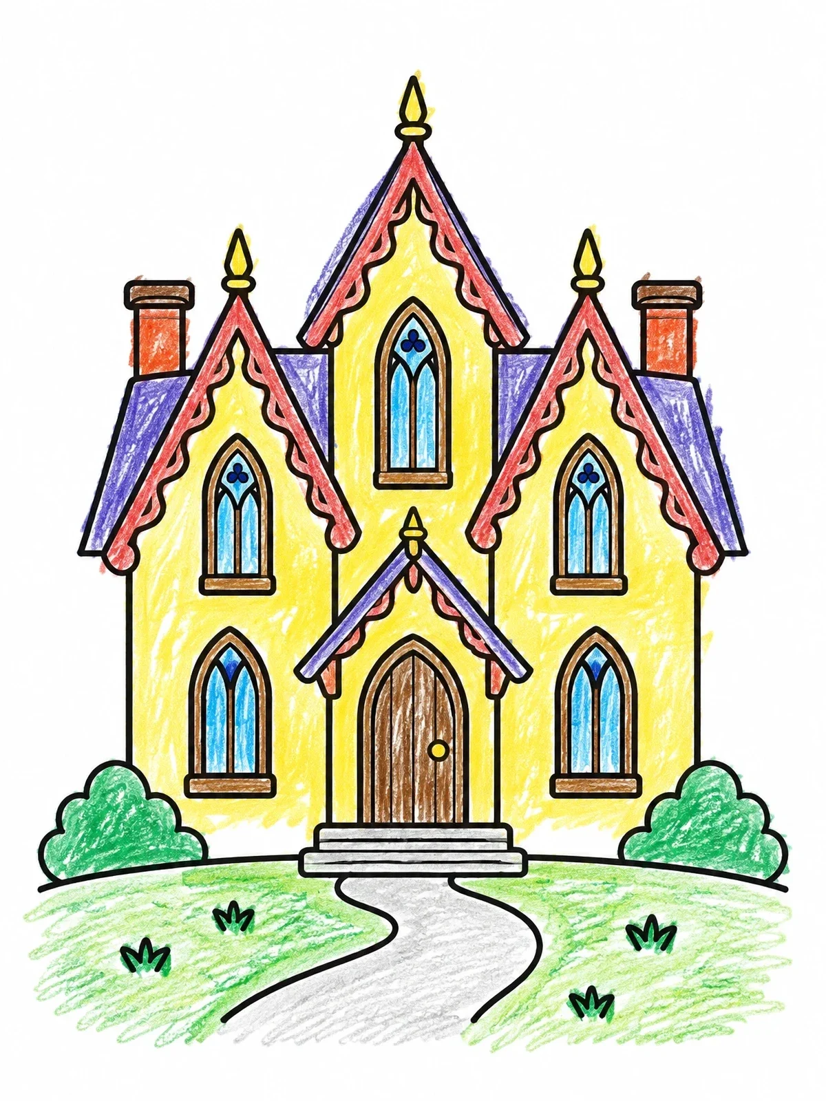Colored example of the Victorian Gothic Revival Manor House coloring page