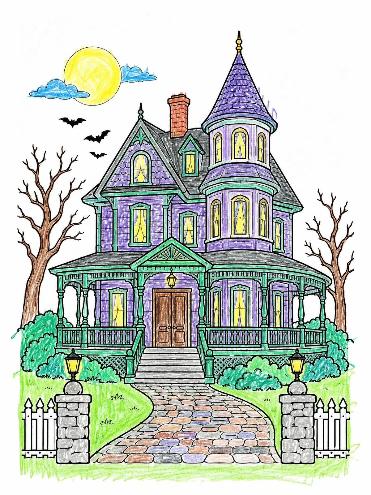 Colored example of the Victorian Haunted House With Turret coloring page