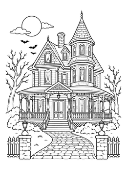 A detailed haunted house coloring page showing a Victorian mansion with a cobblestone path and bats.