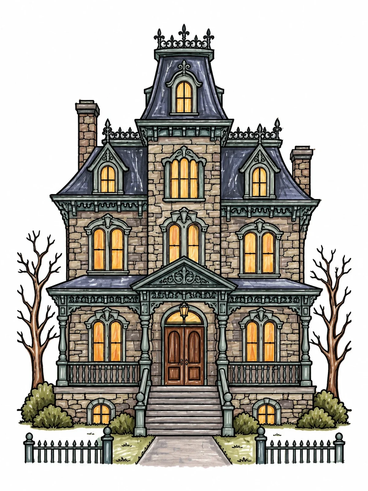 Colored example of the Victorian Haunted Mansion With Spooky Trees coloring page