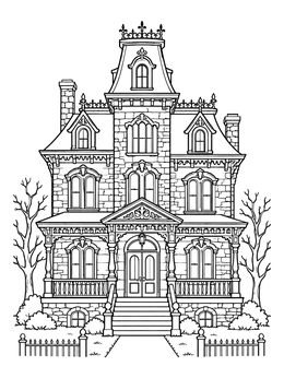 Detailed haunted house coloring page showing an ornate Victorian mansion with bare trees and a front porch.