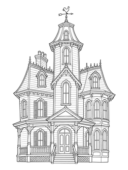Detailed haunted house coloring page showing a Victorian mansion with a weather vane.