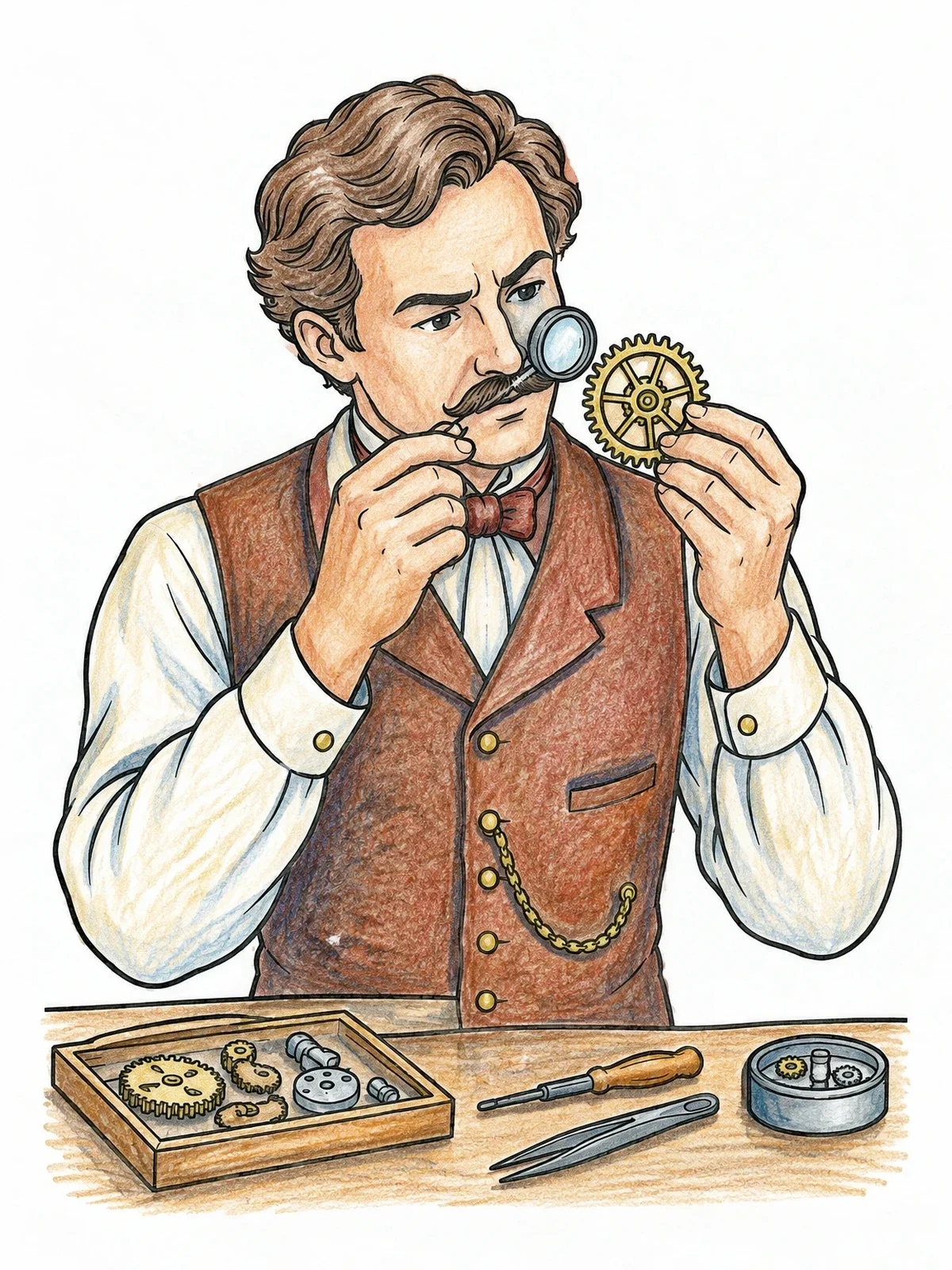 Colored example of the Victorian Watchmaker Inspecting A Gear coloring page