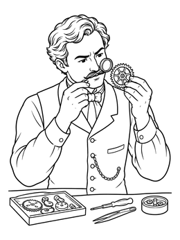Free printable Victorian Watchmaker Inspecting A Gear coloring page