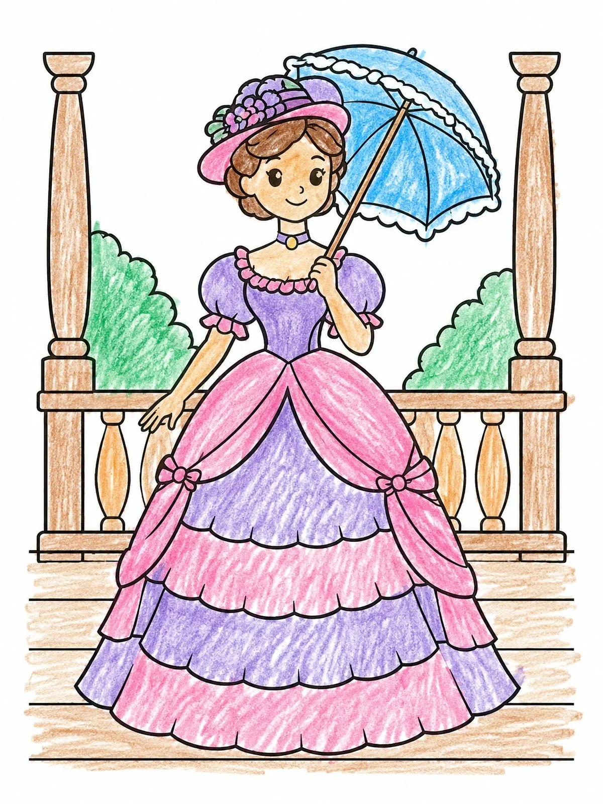 Colored example of the Victorian Lady With Parasol coloring page