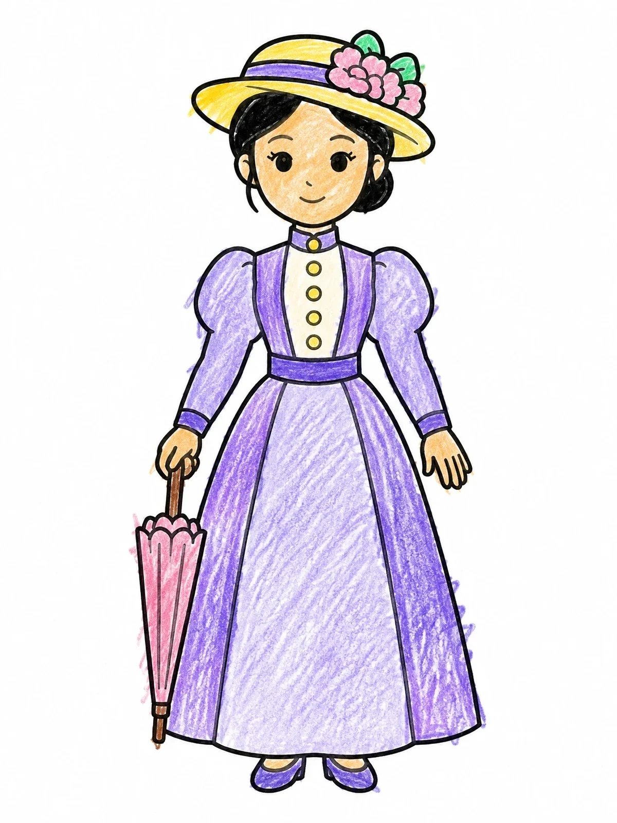 Colored example of the Victorian Lady With Parasol coloring page