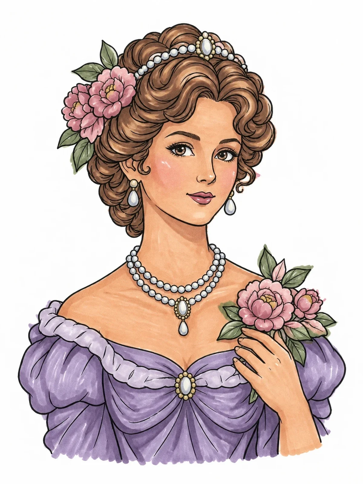 Colored example of the Victorian Lady With Pearl Jewelry coloring page