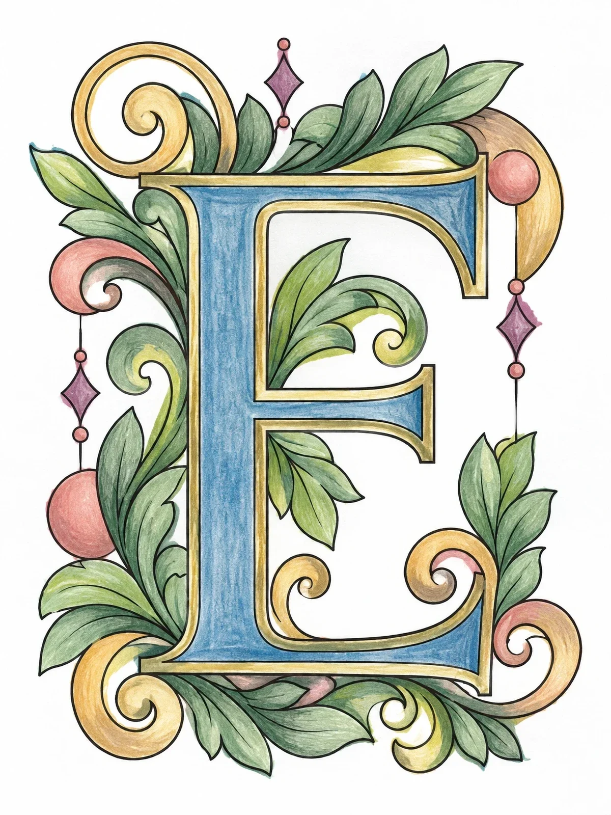 Colored example of the Victorian Letter E With Foliage coloring page