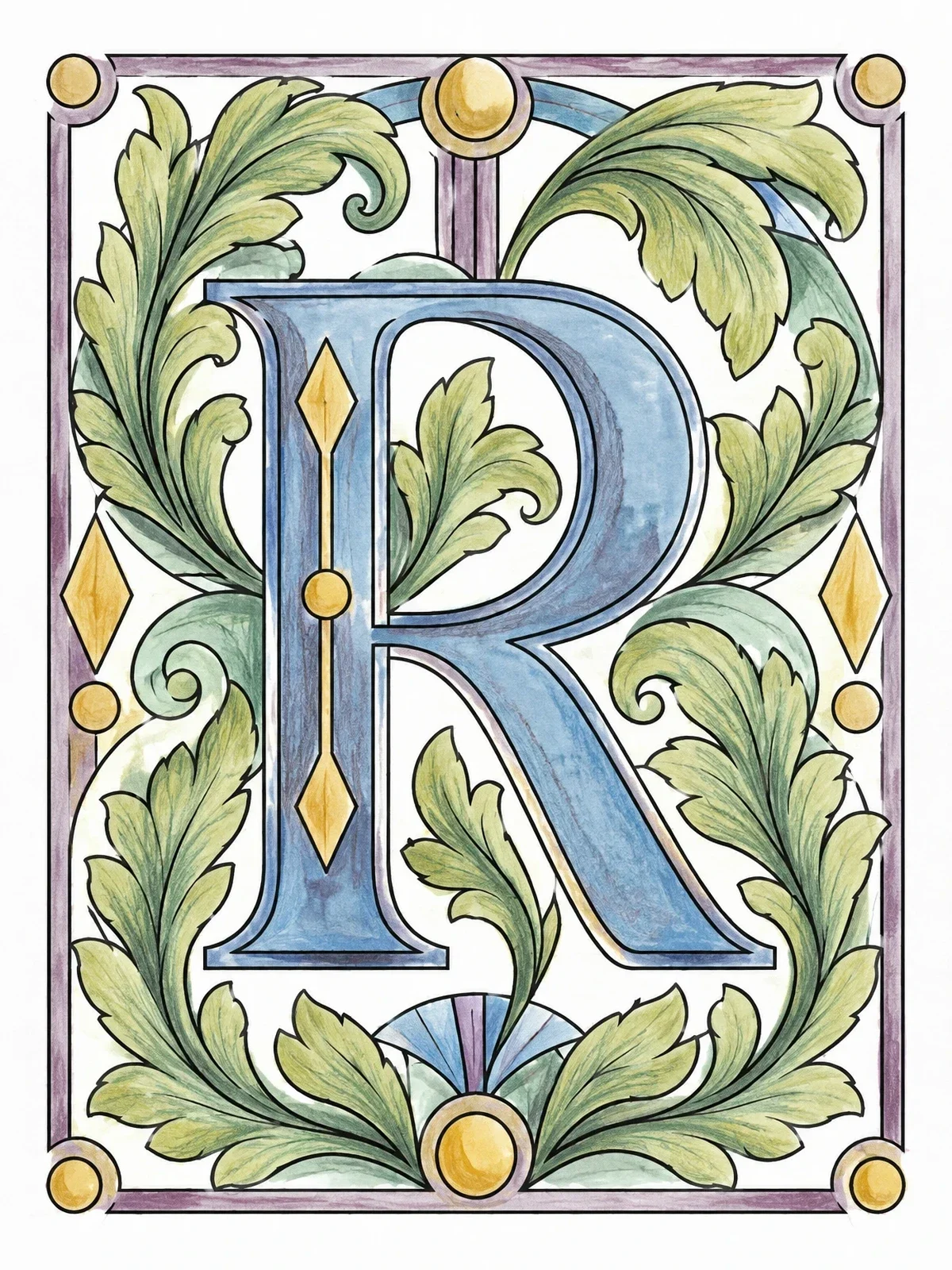 Colored example of the Victorian Letter R With Acanthus Leaves coloring page