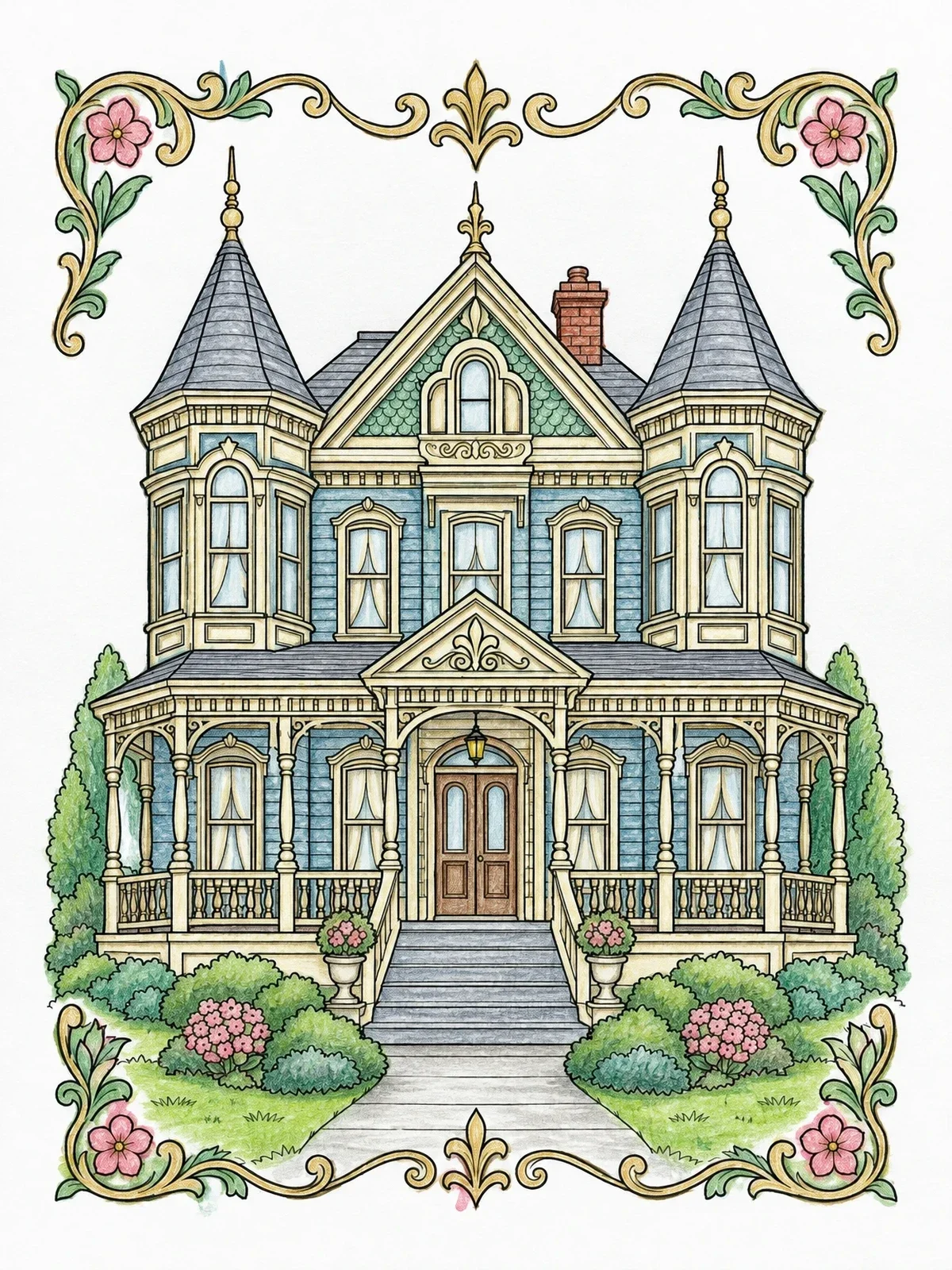 Colored example of the Victorian Mansion With Turrets coloring page